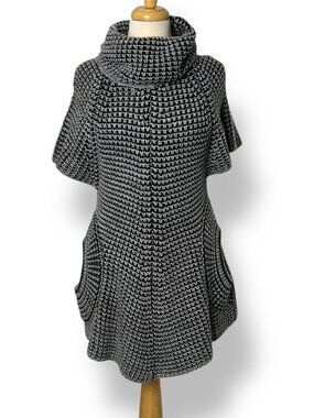 Vintage Navy Gray Short Sleeve Sweater Dress Swing Loose Turtle Neck Sz S/M